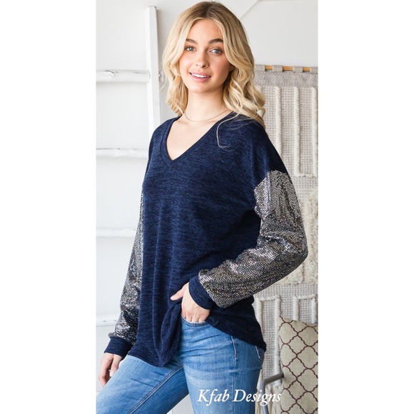 ❤️LAST! V Neck Midnight Blue Super Soft Sequin Sleeve Top! - Picture 7 of 16
